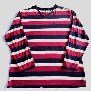 Polo Jeans Co Ralph Lauren Striped Long Sleeve V Neck Shirt Large Spellout Hole